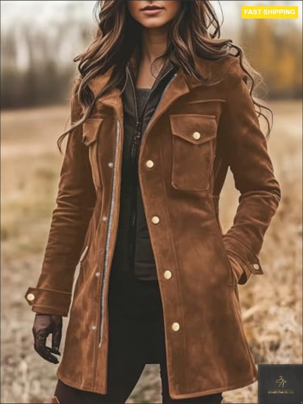 Women's Brown Suede Utility Coat with Snap Front - Picture 2 of 4
